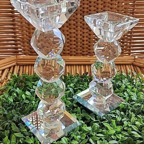 Faceted Crystal Ball Pillar Candlesticks - Picture 3 of 5